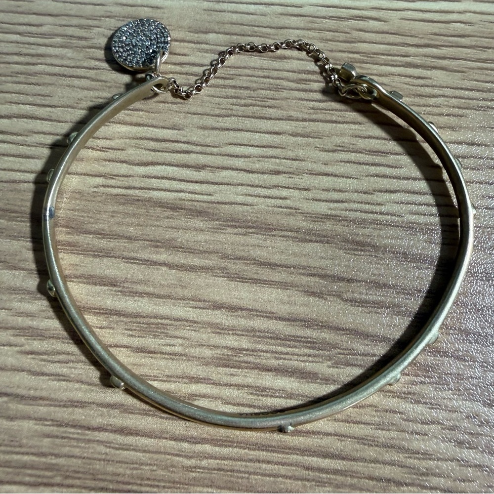 Scosha Gold Tone Textured Bangle With Pave Charm and Toggle Chain